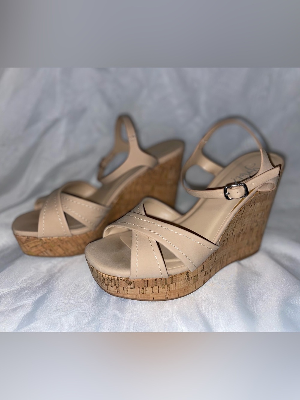 Beige Cork Wedge Sandals with Ankle Strap